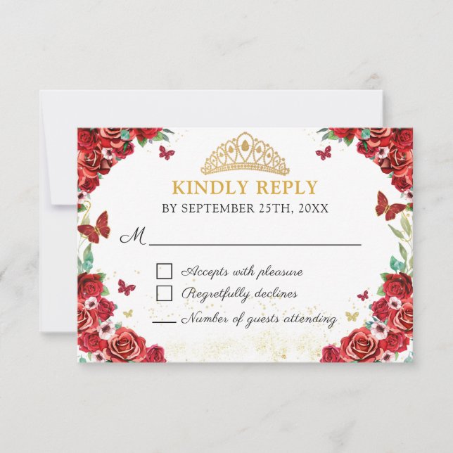 Papillons Quinceañera Floral Roses rouges Carte RS (Devant)