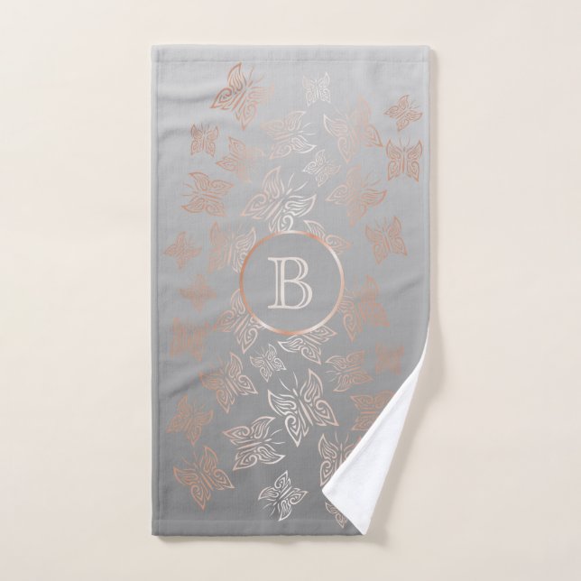Papillons rose or Gris Motif Monogramme  (Serviette à main)