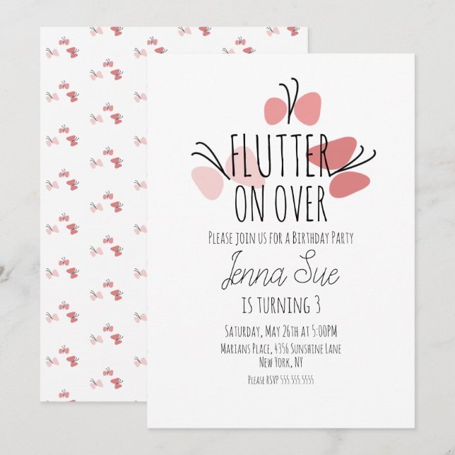 Papillons roses à la main dessinée Invitation d'an (Devant / Derrière)