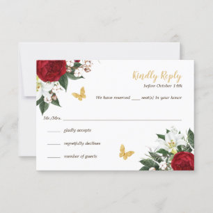 Papillons rouges en or Quinceañera Carte RSVP