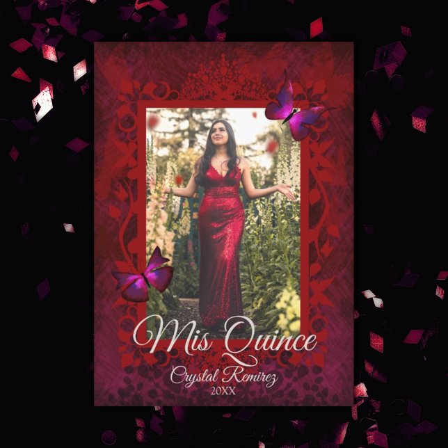 Papillons rouges pliés Quinceanera Invitation (elegant red butterfly quinceanera invitation, red quinceanera dress, ruby red mis quince)