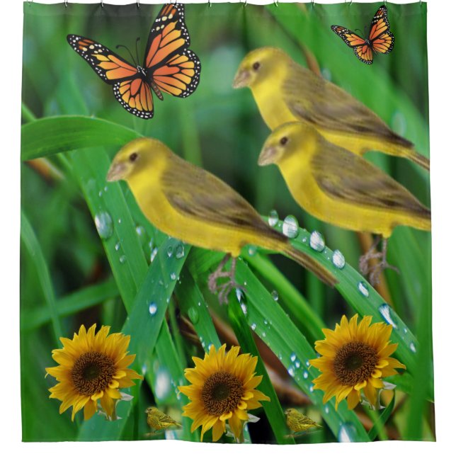 papillons verts d'oiseaux jaunes rideau de douche (Devant)