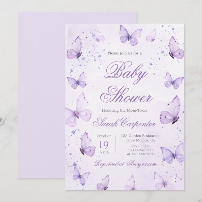 Papillons violets Baby shower Invitation fille (Devant / Derrière)