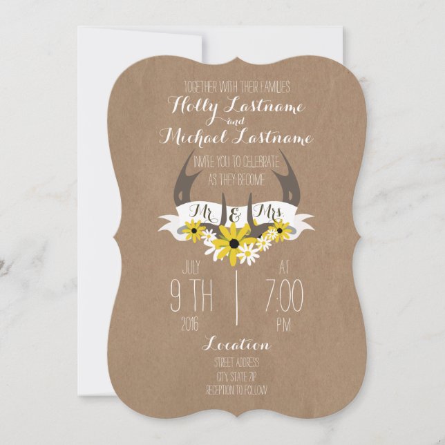 Pappe Inspirierte Antler + Wildblumen Hochzeit Einladung (Vorderseite)