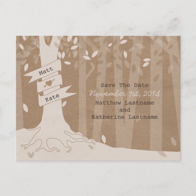 Pappkarton schauen Woodland Hochzeit speichern das Ankündigungspostkarte (Vorderseite)