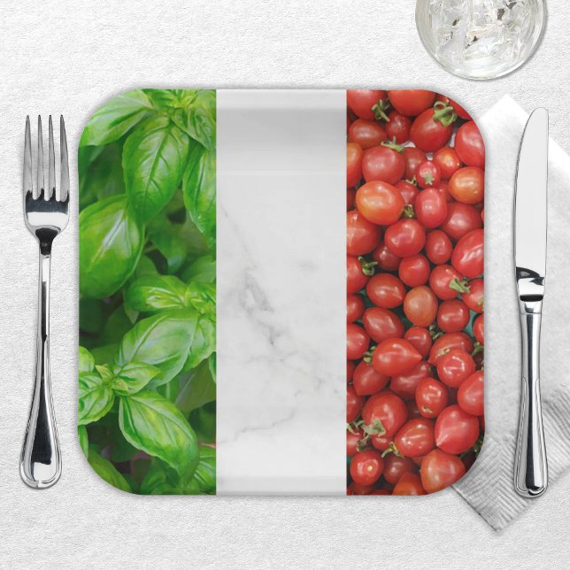 Pappteller (Basil, White Marble, Tomato Italian Flag Paper Plate - Festive Flag of Italy table decor)