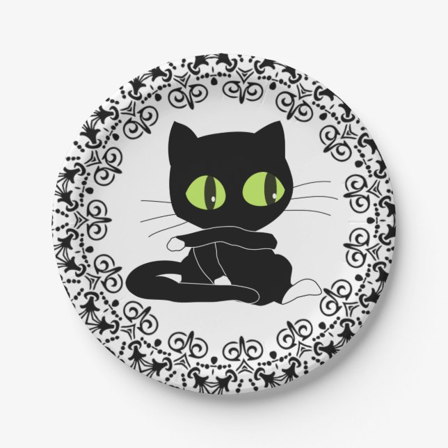 Pappteller, schwarze Floral Black Cat Pappteller (Vorderseite)
