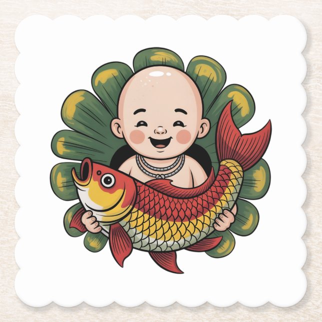 Pappuntersetzer | Niedlicher Junge mit Lucky Koi Untersetzer (Vorderseite)