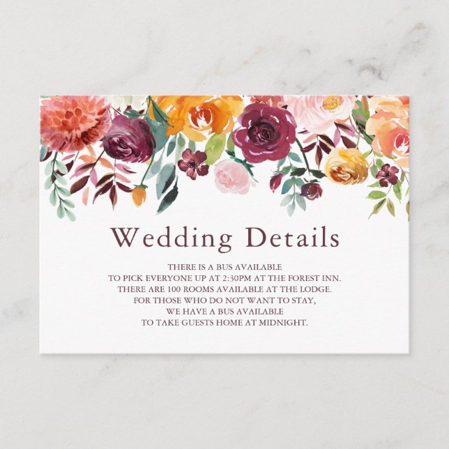 Paprika Burgundy Floral Wedding Details Card Begleitkarte (Vorderseite)
