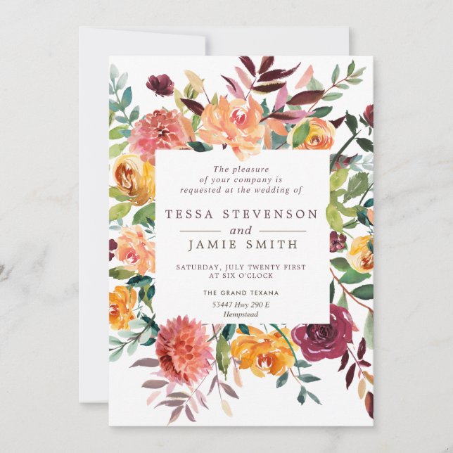 Paprika Burgundy Floral Wedding Einladung (Vorderseite)