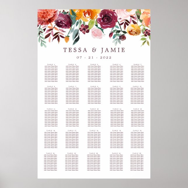 Paprika Burgundy Floral Wedding XL Seekarte Poster (Vorne)