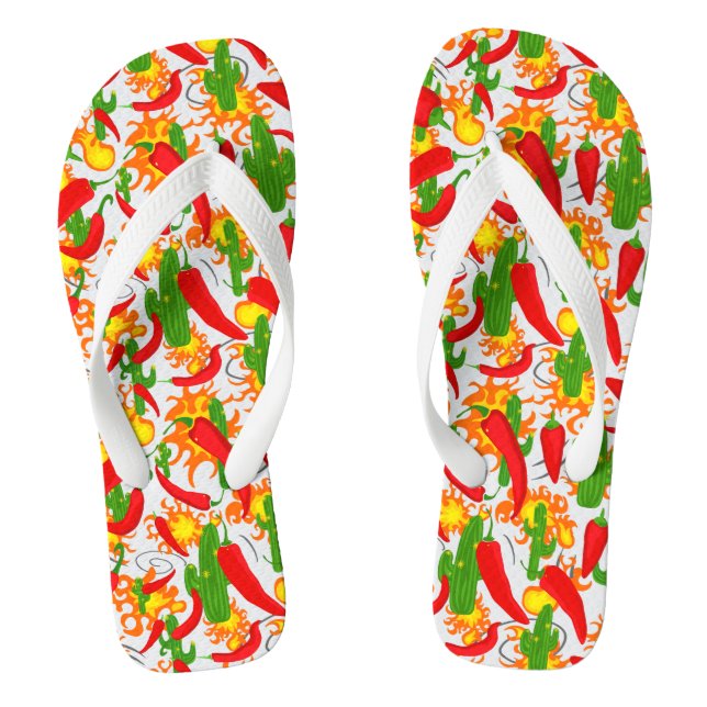 Paprikaschoten, Flammen und Kaktus Gemustert Flip Flops (Fußbett)