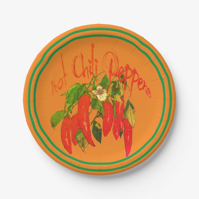 Paprikaschoten für heiße Chili an der Terra Cotta  Pappteller (Vorderseite)