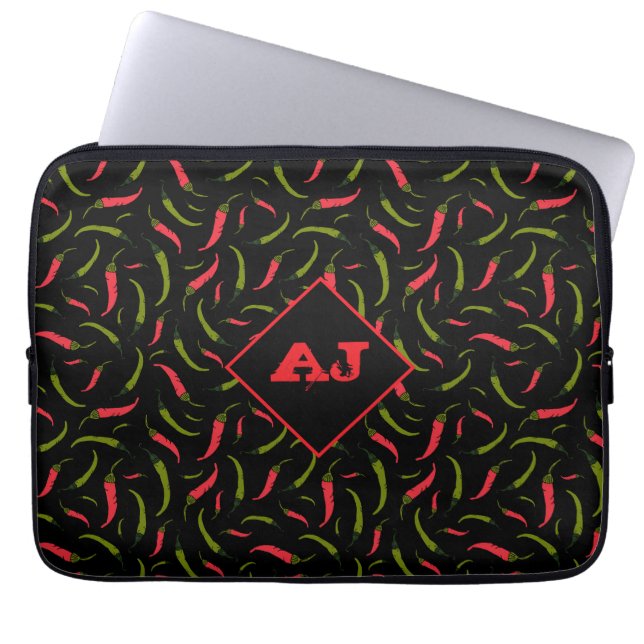 Paprikaschoten in Rot und Grün auf Schwarz-Chili Laptopschutzhülle (Vorderseite)