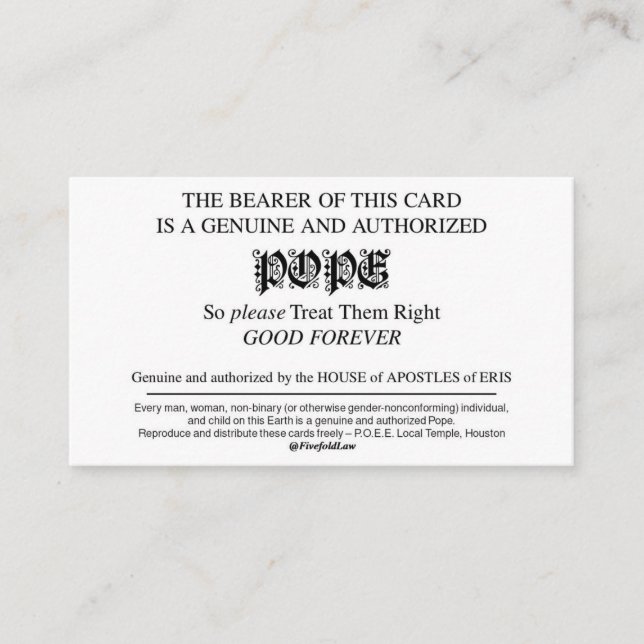 Papstkarten der Discorden Visitenkarte (Vorderseite)
