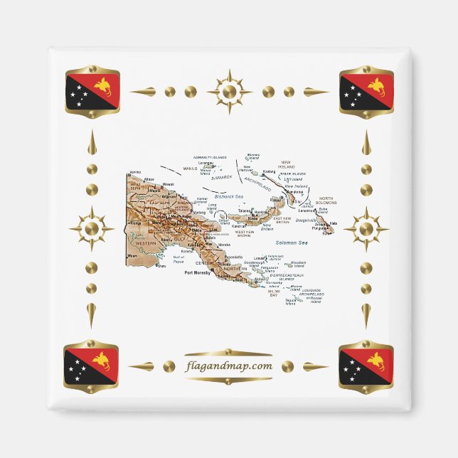 Papua Neue Guinea Karte + Flags Magnet (Vorne)