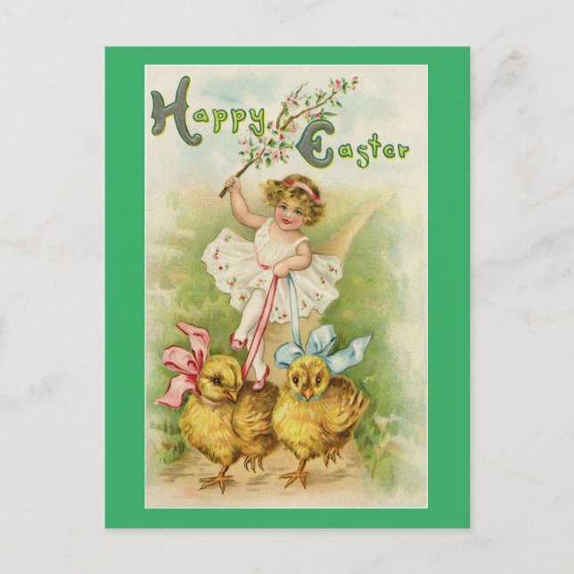 Pâques Fille Avec Poussins Carte Postale (Devant)