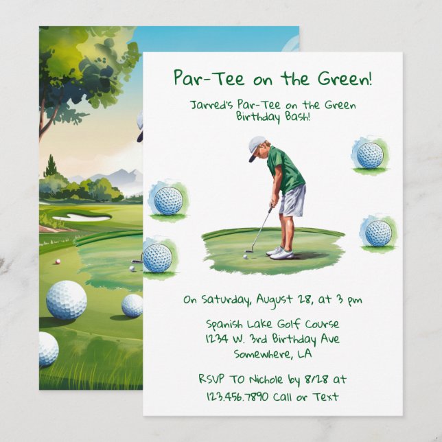 Par-T-Shirt auf dem Green Golf Boy Birthday Bash Einladung (Vorne/Hinten)