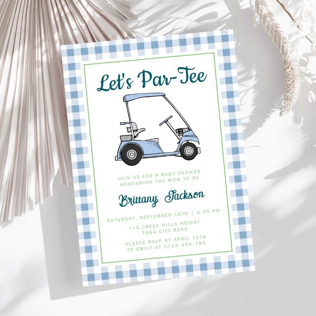 Par T-Shirt Golf Blue Checkered Boy Baby Shower Einladung (Von Creator hochgeladen)