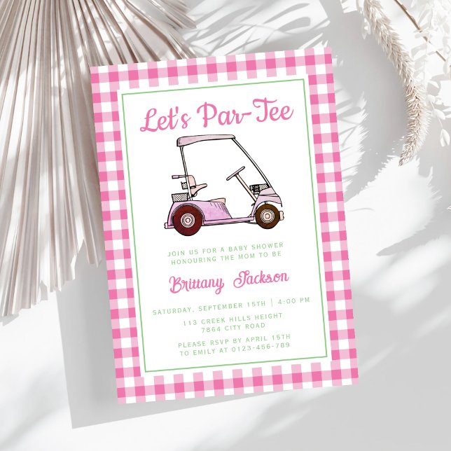 Par T-Shirt Golf Pink Checkered Girl Baby Dusche Einladung (Von Creator hochgeladen)