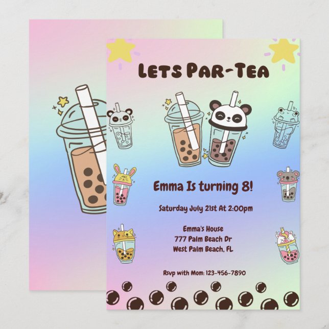 Par-Tea Bubble Tea Boba Invitation Anniversaire (Devant / Derrière)