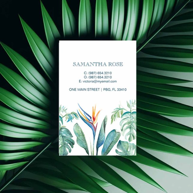 Paradies Blätter Monstera Palm Visitenkarte (Tropical business cards feature watercolor orange florals and palm leaves by Victoria Grigaliunas)