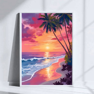 Paradies-Sonnenuntergang   Rosa tropische Wasserfa Poster