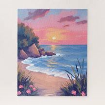 Paradiesbucht | Rosa Aquarell-Ozeanwellen Sonnenun