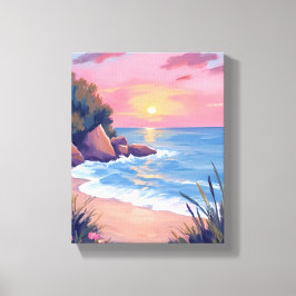 Paradiesbucht | Rosa Aquarell-Ozeanwellen-Sonnenun Leinwanddruck