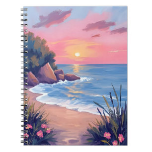 Paradiesbucht   Rosa Aquarell-Ozeanwellen-Sonnenun Notizblock