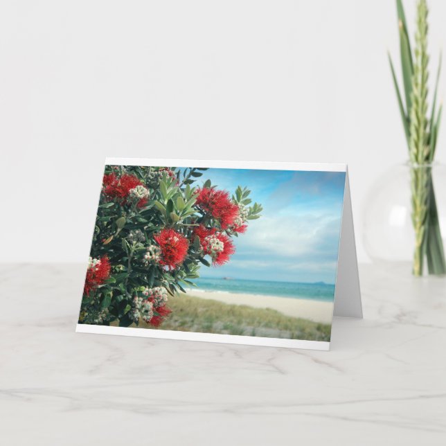 Paradiesstrand Rote Blume Neuseeland Sommer Feiertagskarte (Vorderseite)