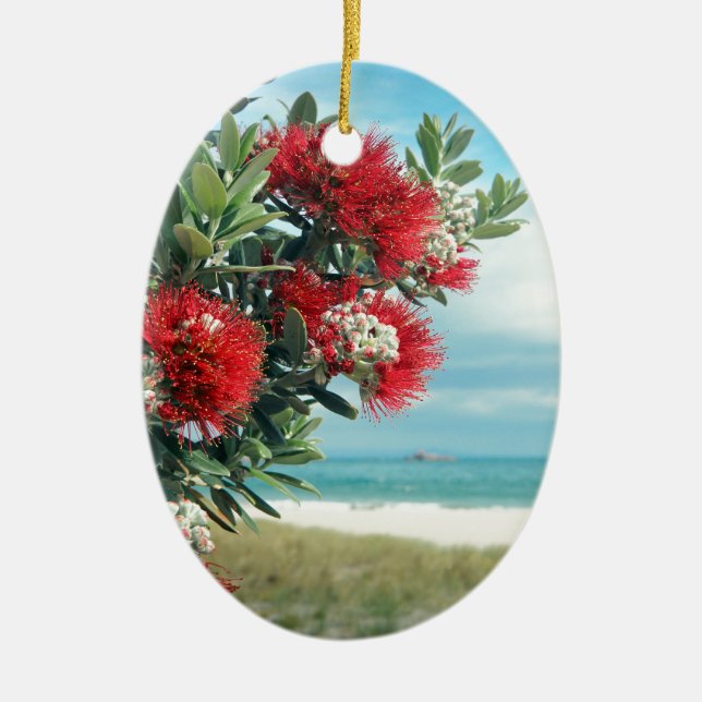 Paradiesstrand Rote Blume Neuseeland Sommer Keramik Ornament (Vorne)