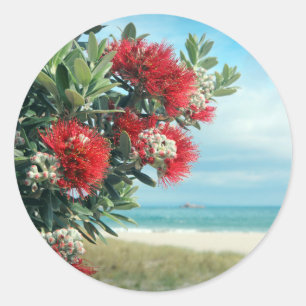 Paradiesstrand Rote Blume Neuseeland Sommer Runder Aufkleber