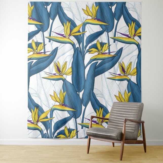 Paradiesvogel auf Weiß-Blume Wandteppich (Beispiel)