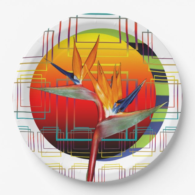 Paradiesvogel Blumen-geometrisches tropisches Pappteller (Vorderseite)