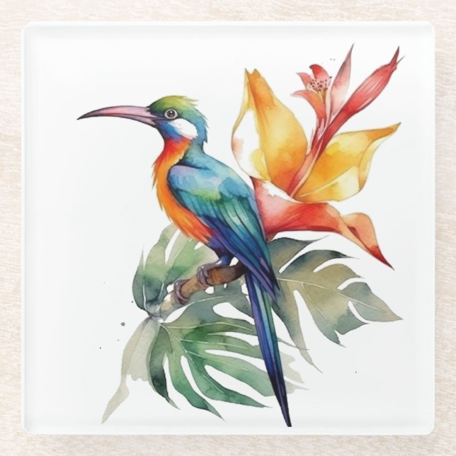 Paradiesvogel, bunter Phantasy-Vogel 'n Blume Glasuntersetzer (Vorderseite)