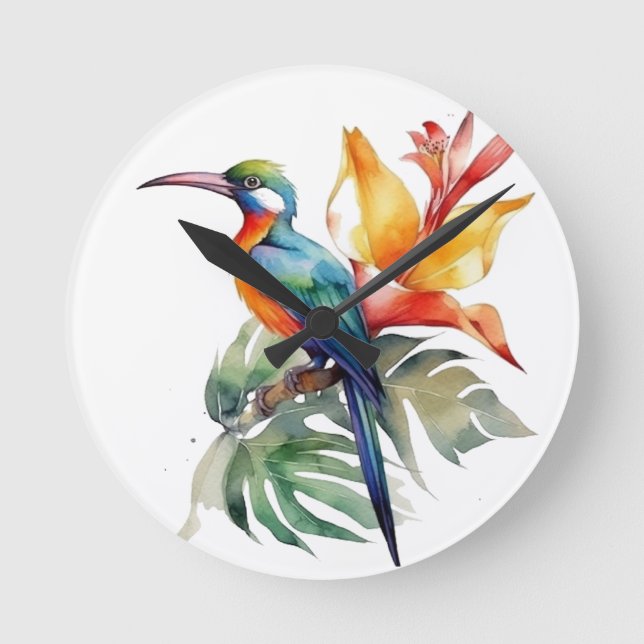 Paradiesvogel, bunter Phantasy-Vogel 'n Blume Runde Wanduhr (Vorderseite)