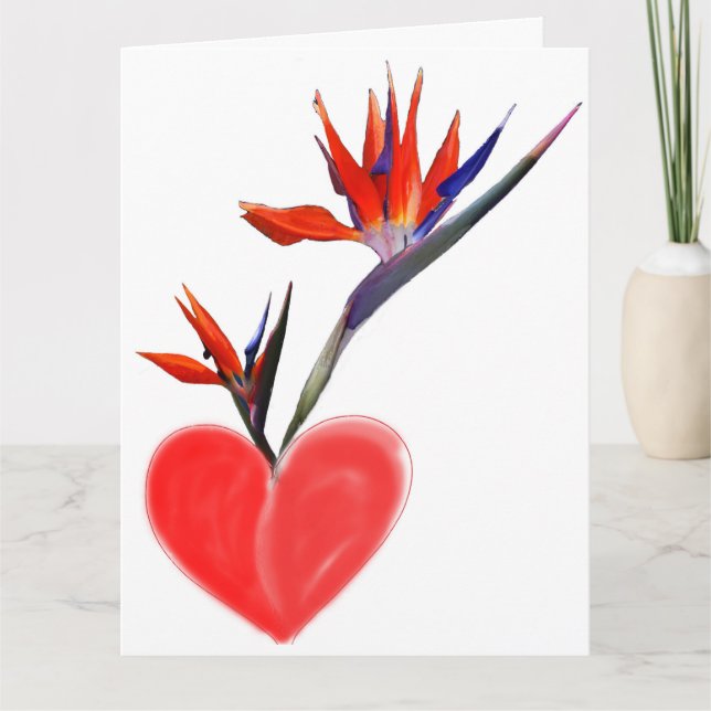 Paradiesvögel in Herzvase auf weißer Karte (Vorderseite)
