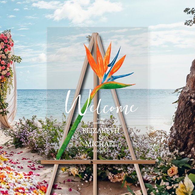 Paradiesvogel mit tropischer Blume Willkommen Acrylschild (Tropical floral bird of paradise wedding welcome clear acrylic sign)