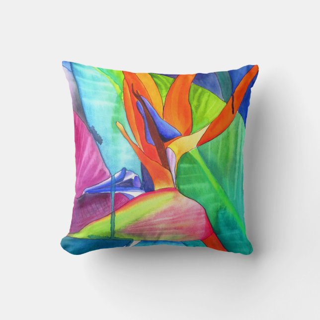 Paradiesvogel moderne Blumenkunst der Wasserfarbe Kissen (Vorderseite)