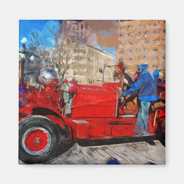 Parading Antique Fire Truck Abstrakter Impressioni Magnet (Vorne)