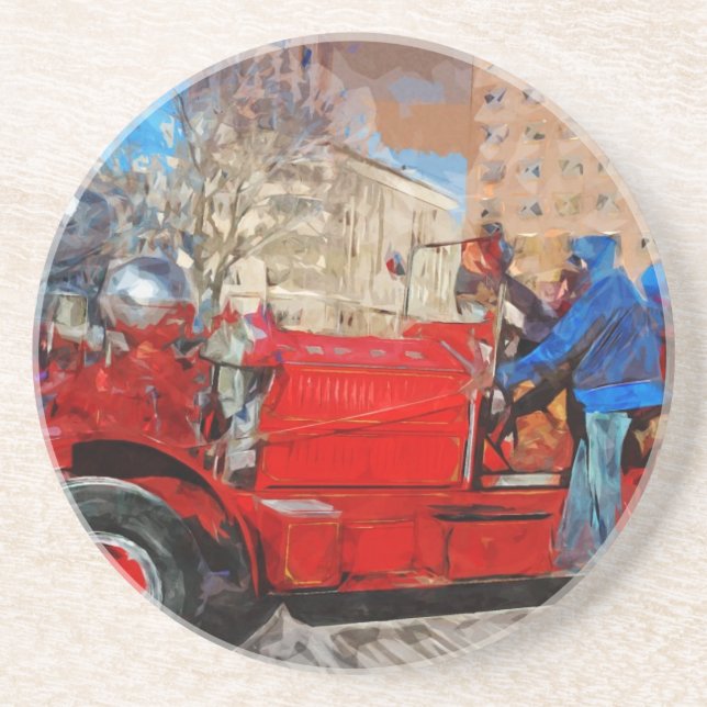 Parading Antique Fire Truck Abstrakter Impressioni Untersetzer (Vorne)