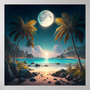 paradis tropical la nuit, avec palmiers Poster