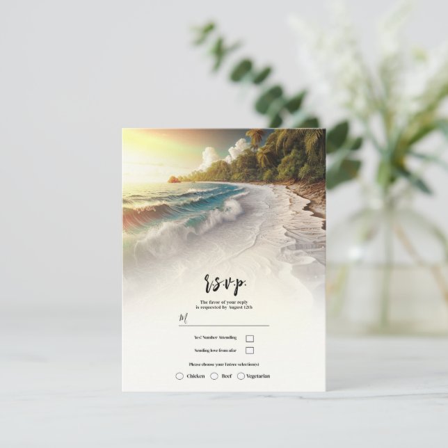 Paradise Beach Sunset Rustic Coastal Wedding RSVP Einladung (Stehend Vorderseite)