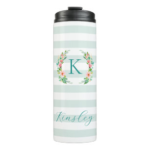 Paradise Floral und Streifen Monogramm Thermosbecher
