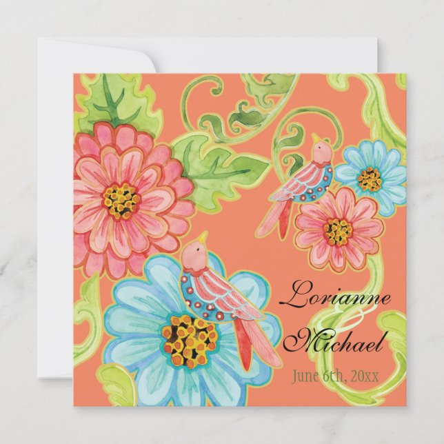 Paradise Love Birds 3, Floral Modern Wedding Einladung (Vorderseite)