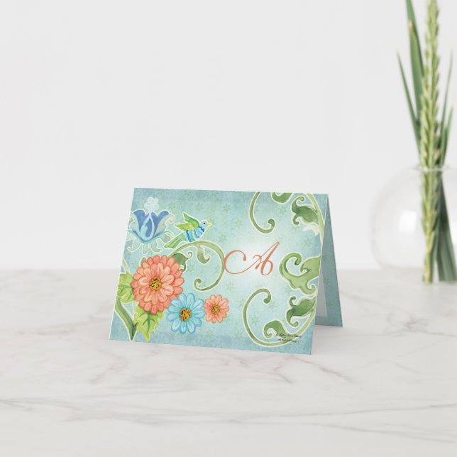 Paradise Love Birds Moderner Blumenwirbel Damask Karte (Vorderseite)