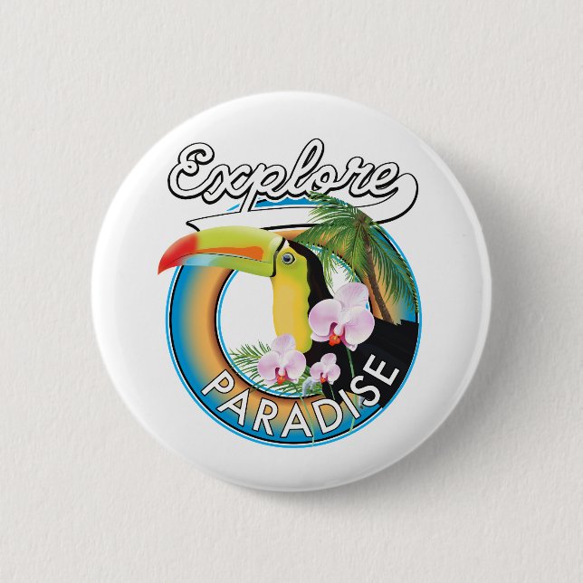 Paradise Reiselogo Cartoon erkunden Button (Vorderseite)