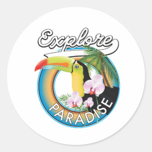 Paradise Reiselogo Cartoon erkunden Runder Aufkleber