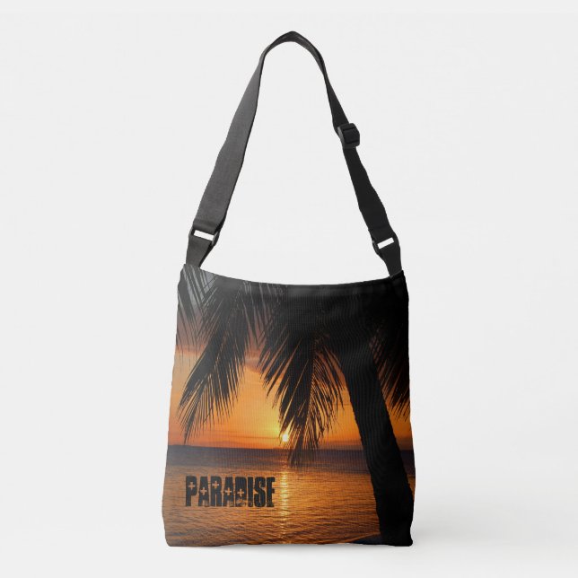 Paradise Tropical Beach Sonnenuntergang und Palmen Tragetaschen Mit Langen Trägern (Vorderseite)
